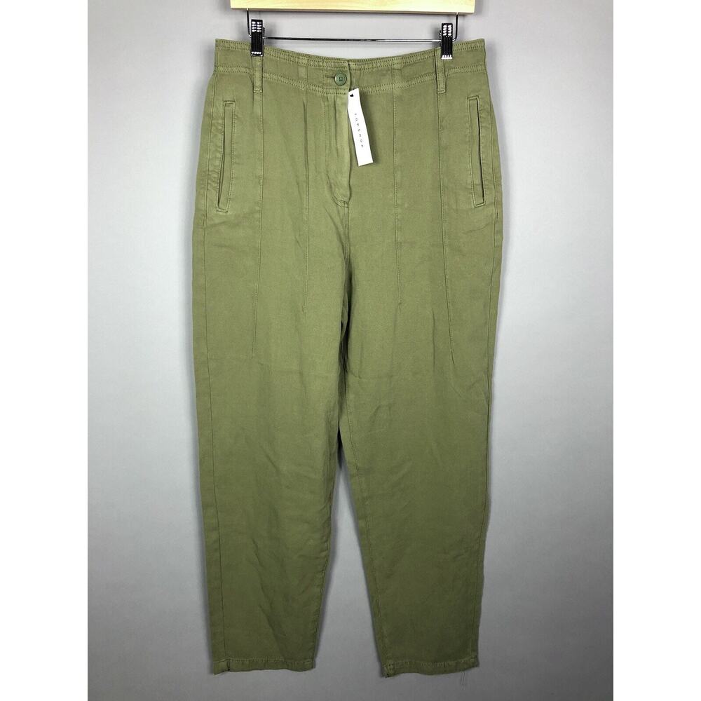 Topshop High Rise Chino Pants US 10 Green Tapered Pleated Pockets Casual NEW